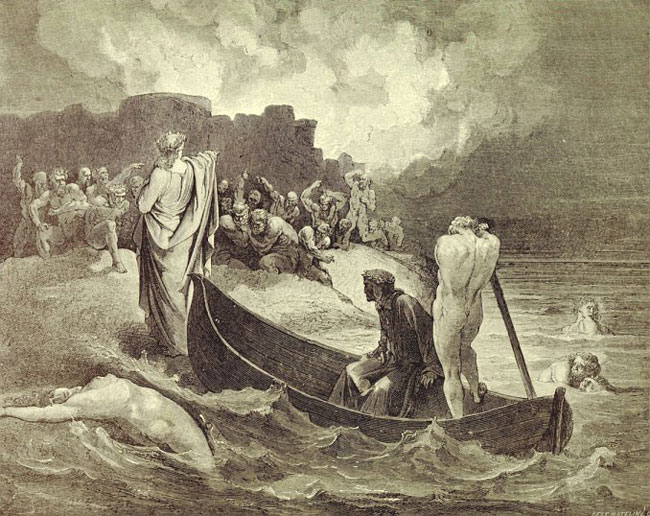 Image of Dante and Virgil in Inferno, crossing the cocytus, 1885 by Dore,  Gustave (1832-83)